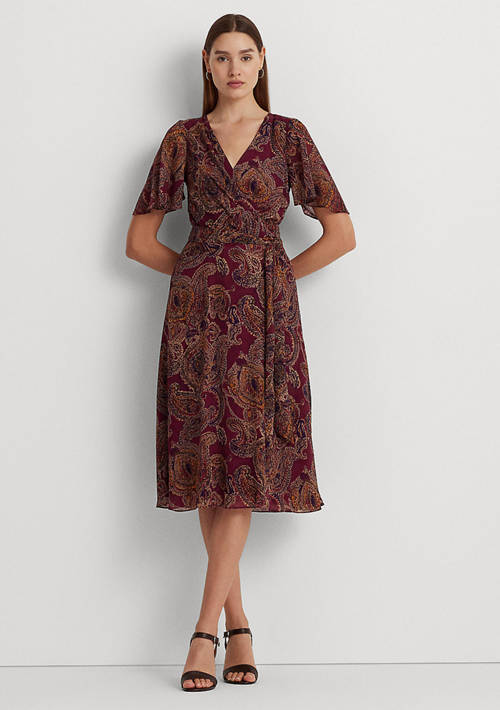 Paisley Crinkle Georgette Flutter-Sleeve Dress