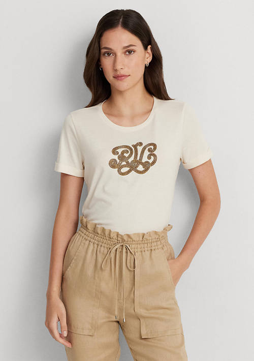 Beaded Logo Cotton Blend Jersey T-Shirt