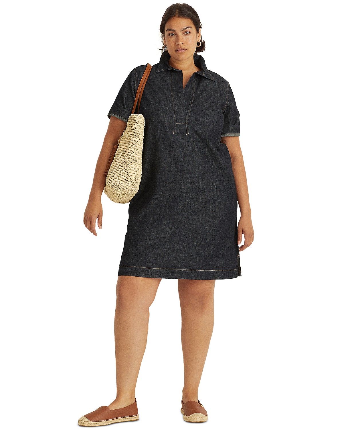 Womens Plus Size Short-Sleeve Denim Cotton Shift Dress