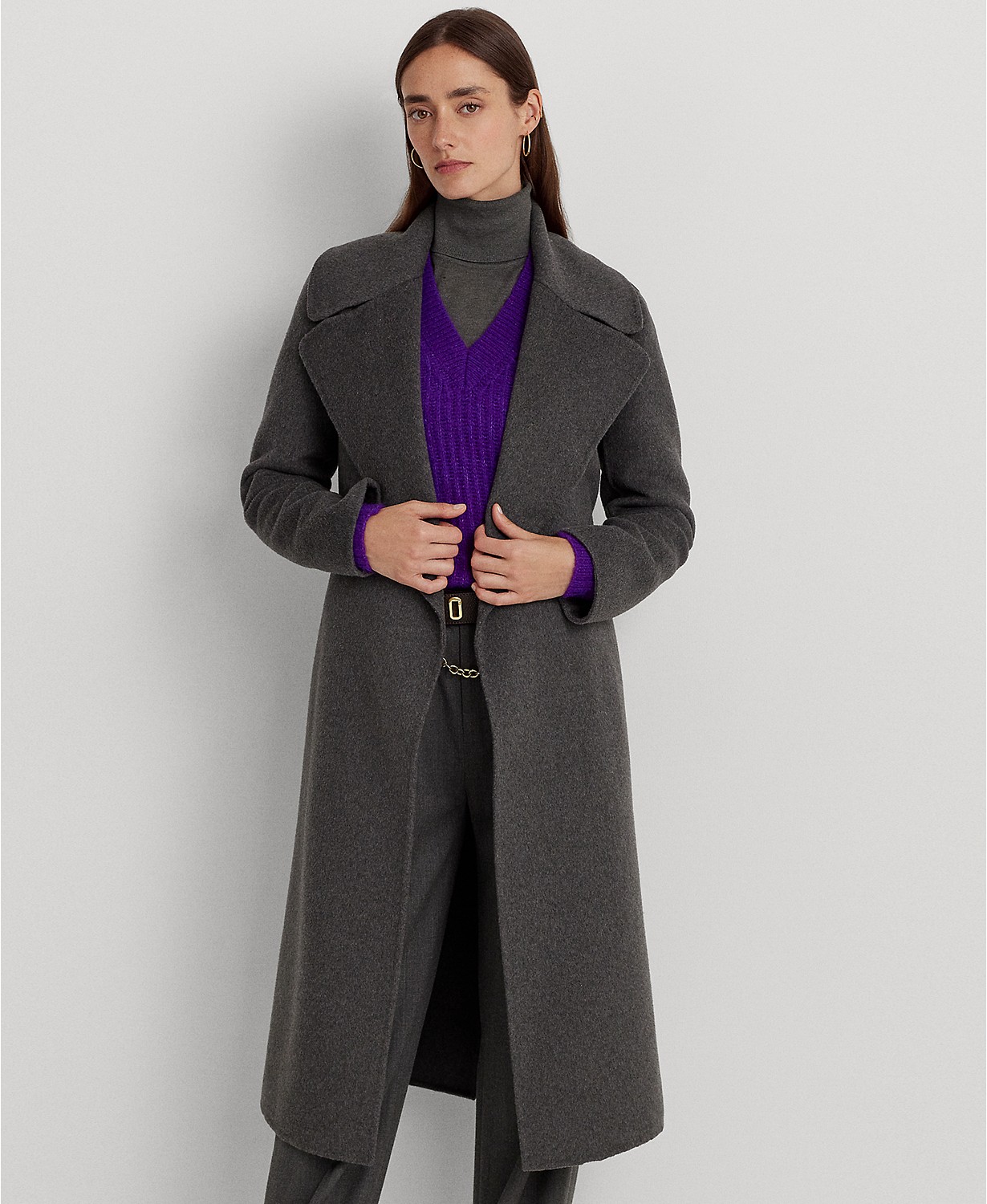 Womens Belted Wool-Blend Wrap Coat