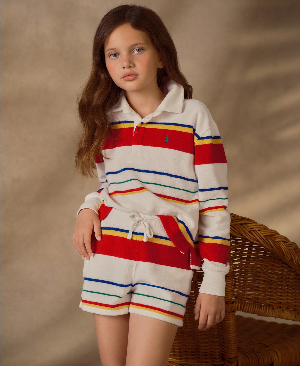 Big Girls Striped Terry Rugby Shirt and Shorts Set