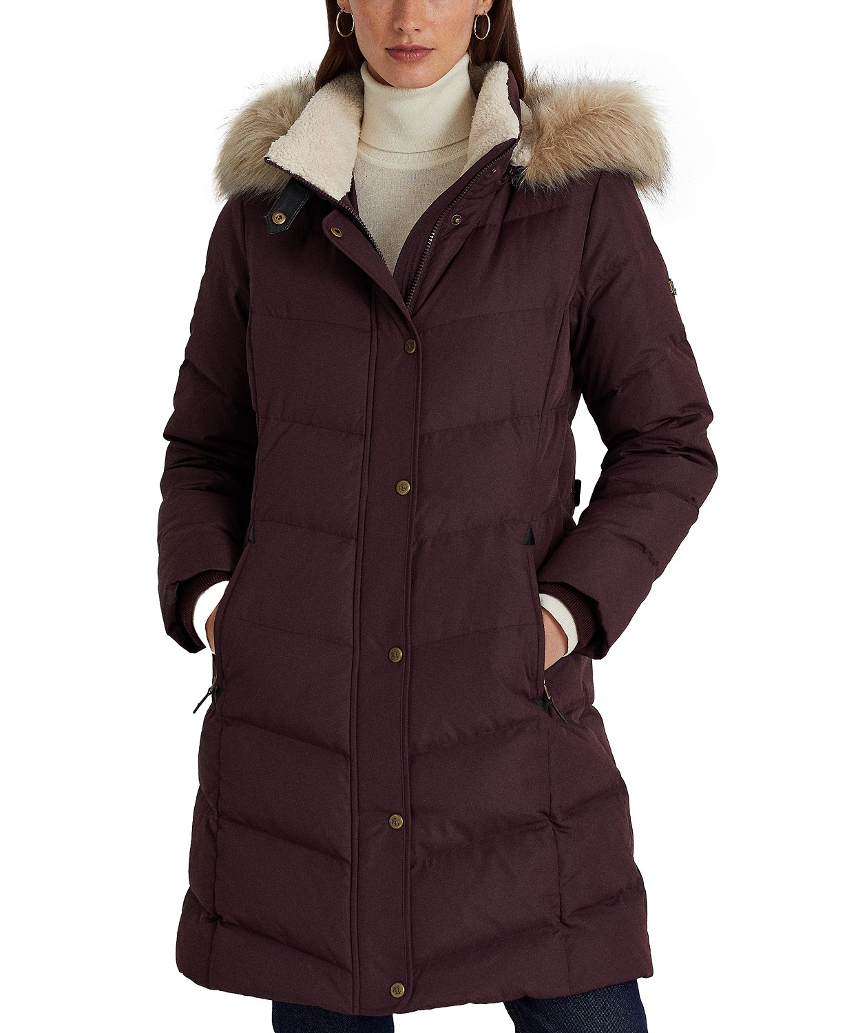Womens Petite Faux-Fur-Trim Hooded Puffer Coat