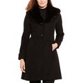 Womens Petite Faux-Fur-Trim Walker Coat