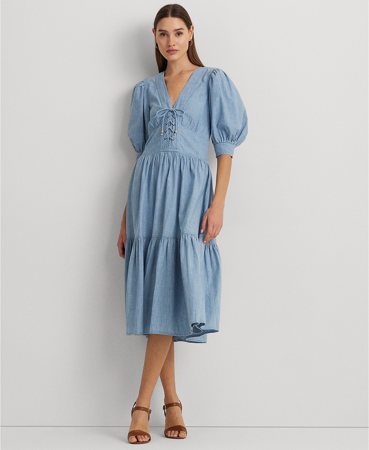 Petite Cotton Chambray Puff-Sleeve Dress