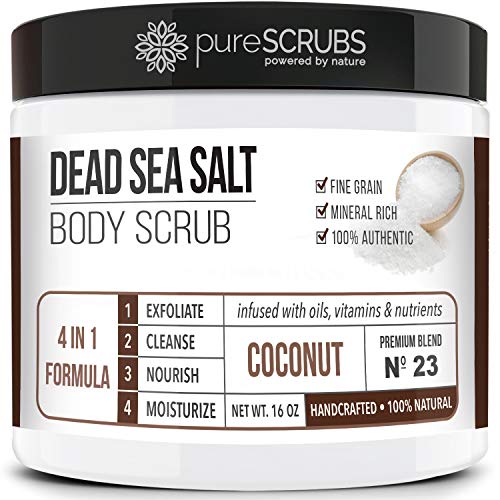 pureSCRUBS Premium Organic Body Scrub Set - Large 16oz COCONUT BODY SCRUB - Dead Sea Salt Infused Organic Essential Oils & Nutrients INCLUDES Wooden Spoon, Loofah & Mini Organic Ex