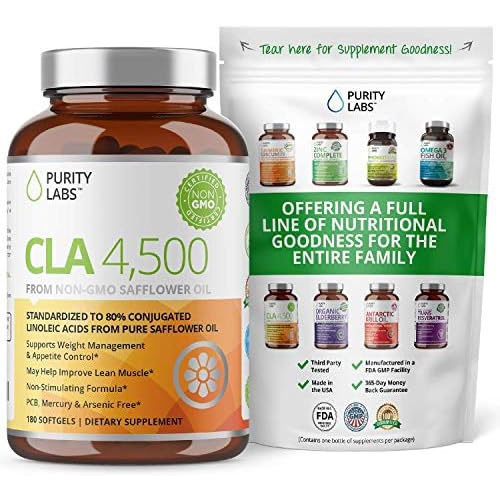  Purity Labs CLA 4500MG - Non-GMO Safflower Oil - Supports Energy, Heart Health, and Muscle Health - 180 Soft gels