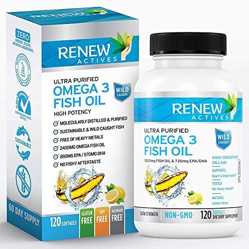  Renew Actives Omega 3 Fish Oil, 1200mg Purified Organic Omega 3 Fish Oil Supplements with 720mg Omega 3 DHA & EPA, Support Brain Function and Cardiovascular Health, 120 Easy to Swa