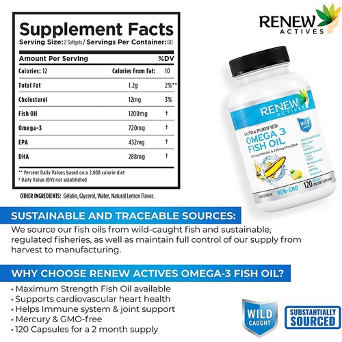  Renew Actives Omega 3 Fish Oil, 1200mg Purified Organic Omega 3 Fish Oil Supplements with 720mg Omega 3 DHA & EPA, Support Brain Function and Cardiovascular Health, 120 Easy to Swa