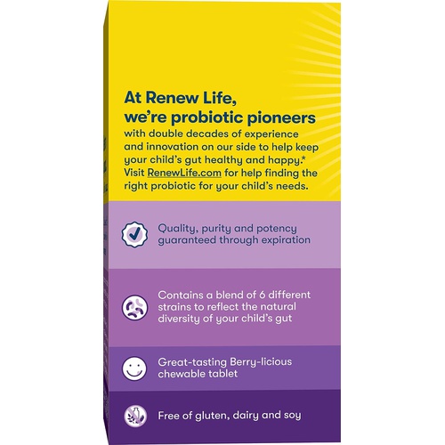  Renew Life Probiotic for Kids, 3 Billion CFU Probiotic Gummies, Supports Digestive and Optimal Health, Dairy & Soy Free, Fruit Flavor, 60 Gummies