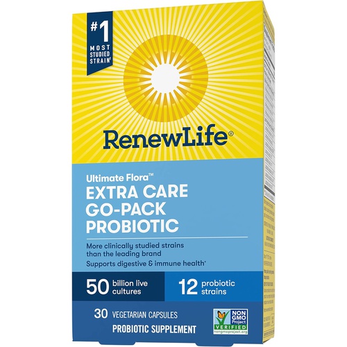  Renew Life Adult Probiotics, 50 Billion CFU Guaranteed, Extra Care Go-Pack, Probiotic Supplement for Digestive & Immune Health, Shelf Stable, Gluten Dairy & Soy Free, 30 Capsules