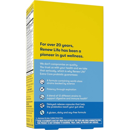  Renew Life Adult Probiotics, 50 Billion CFU Guaranteed, Extra Care Go-Pack, Probiotic Supplement for Digestive & Immune Health, Shelf Stable, Gluten Dairy & Soy Free, 30 Capsules