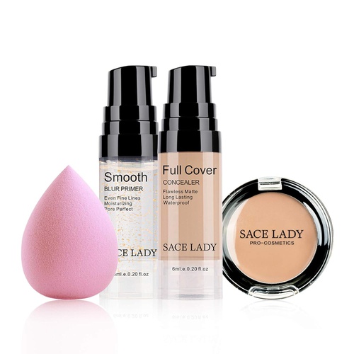  SACE LADY Waterproof Full Coverage Concealer With Primer Sponge Set, Smooth Matte Flawless Creamy Liquid Foundation Corrector Makeup Kit for Face Eye Dark Circles Spot Acne Scar Cover (Natur