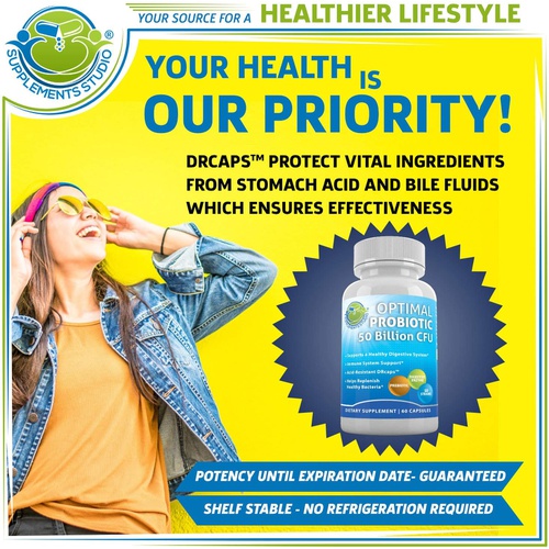  SUPPLEMENTS STUDIO 50 Billion Probiotic Acidophilus 3-In-1 Complex with Prebiotic and Digestive Enzymes for Women and Men - Complete Vegan Probiotic Capsules Multi Enzyme Digestive Formula - Shelf St