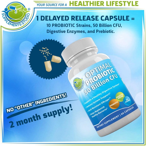  SUPPLEMENTS STUDIO 50 Billion Probiotic Acidophilus 3-In-1 Complex with Prebiotic and Digestive Enzymes for Women and Men - Complete Vegan Probiotic Capsules Multi Enzyme Digestive Formula - Shelf St