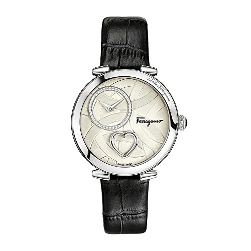 Salvatore Ferragamo Womens Cuore Stainless Steel Swiss-Quartz Watch with Leather Calfskin Strap, Black, 18 (Model: FE2990016)
