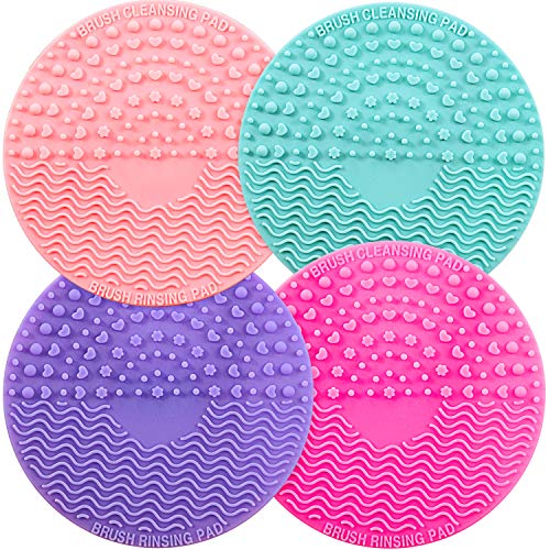 Shappy 4 Packs Silicone Makeup Brush Cleaning Mat, Round Makeup Brush Cleaner Pad Cosmetic Brush Cleaning Mat Portable Washing Tool Scrubber with Suction Cup (Green, Purple, Pink, Rose Re