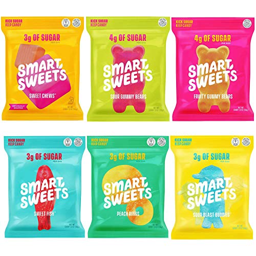 SMART SWEETS VARIETY PACK ALL 6 FLAVORS INCLUDING 2020 NEW FLAVORS Peach, CHEWS, Sweet Fish, Sour Buddies, Sour Bears ,Fruity Bears