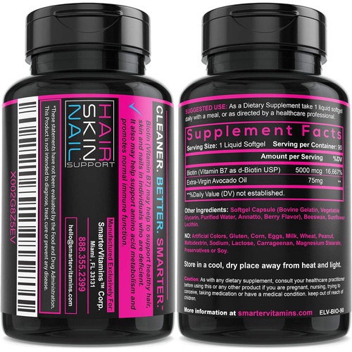  SmarterVitamins (2 Pack) Smarter Biotin 5000mcg in Avocado Oil, Vitamin B7, Hair, Skin & Nail Support, Non-GMO, 90 Mini Liquid Softgels, No Soy