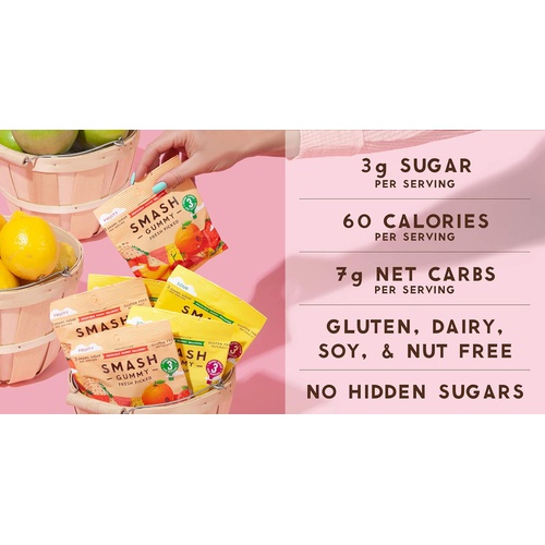  SMASHGUMMY Fresh Picked Fruity Gummies by SMASHMALLOW | Low Sugar | 60 Calories| No Sugar Alcohols, Carrageenan, IMO’s, Stevia | Non-GMO | Gluten Free | 2.1 Ounces per Pack (Pack o