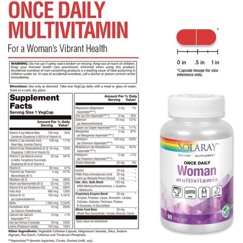  Solaray Once Daily Woman Multivitamin with Iron, Women’s Multivitamin with Hair, Skin & Nails Blend, Enzyme Blend & Whole Food Base, Healthy Energy, Immune & Digestion Support, 90