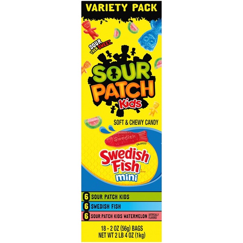  SOUR PATCH KIDS & SWEDISH FISH Soft & Chewy Candy Variety Pack - 18 Individual Snack Packs