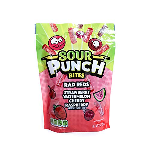 Sour Punch Bites, Cherry, Strawberry, Watermelon & Raspberry Favorite Red Flavors, Chewy Candy, 9oz Bag (12 Pack)