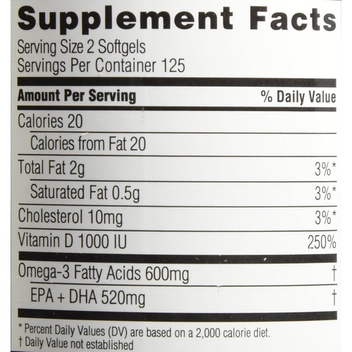  Spectrum Essentials Softgels, Fish Oil with Vitamin D, 1000 mg, 250 Count