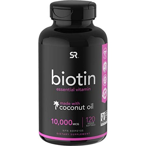  Sports Research Extra Strength Vegan Biotin (Vitamin B) Supplement with Organic Coconut Oil - Supports Keratin for Healthier Hair & Skin - Great for Women & Men - 10,000mcg, 120 Ve