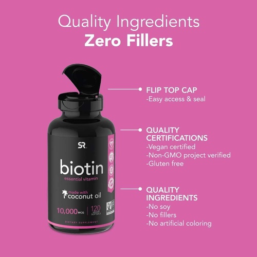  Sports Research Extra Strength Vegan Biotin (Vitamin B) Supplement with Organic Coconut Oil - Supports Keratin for Healthier Hair & Skin - Great for Women & Men - 10,000mcg, 120 Ve