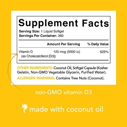  Sports Research Vitamin D3 5000iu (125mcg) with Coconut Oil ~ High Potency Vitamin D for Immune & Bone Support ~ Non-GMO Verified, Gluten & Soy Free (360 Mini-Liquid Softgels)