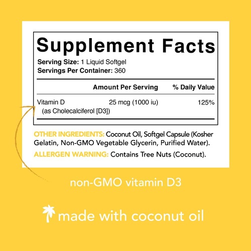  Sports Research Vitamin D3 5000iu (125mcg) with Coconut Oil ~ High Potency Vitamin D for Immune & Bone Support ~ Non-GMO Verified, Gluten & Soy Free (360 Mini-Liquid Softgels)