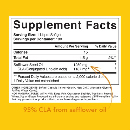  Sports Research Max Potency CLA 1250 (180 Softgels) with 95% Active Conjugated Linoleic Acid Weight Management Supplement for Men and Women Non-GMO, Soy & Gluten Free