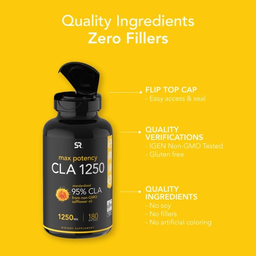  Sports Research Max Potency CLA 1250 (180 Softgels) with 95% Active Conjugated Linoleic Acid Weight Management Supplement for Men and Women Non-GMO, Soy & Gluten Free