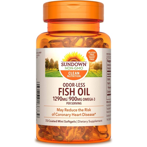  Fish Oil by Sundown, Dietary Supplement, Omega 3, Supports Heart Health, Non-GMO, Free of Gluten, Dairy, Artificial Flavors,1290 Mg, 72 Coated Mini Softgels