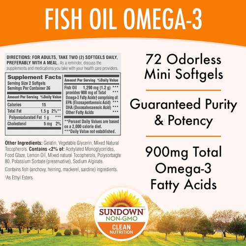  Fish Oil by Sundown, Dietary Supplement, Omega 3, Supports Heart Health, Non-GMO, Free of Gluten, Dairy, Artificial Flavors,1290 Mg, 72 Coated Mini Softgels