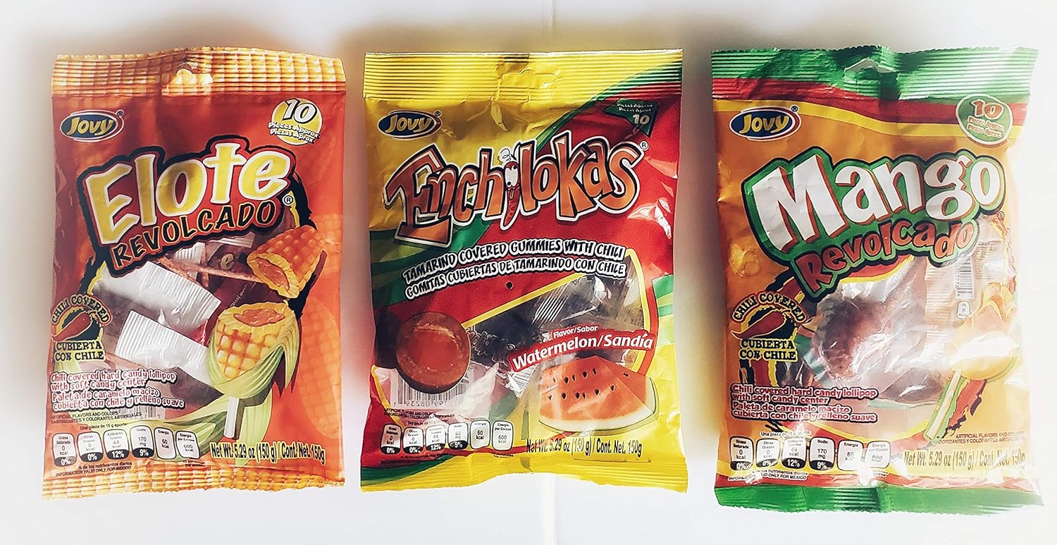  Sunshine & Flowers Mexican Candy Trio! Includes Enchilokas Watermelon Con Chile Flavor, Chile Mango Revolcado Flavor, Elote Revolcado Chili Covered Hard Candy! This Trio Is A Hit!