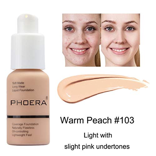  SuperThinker 2 Colors PHOERA Liquid Foundation,Matte Full Coverage Foundation Makeup with Mushroom Head Applicator, Oil Control Flawless Concealer Cover Facial Blemish Foundation Makeup for Wom