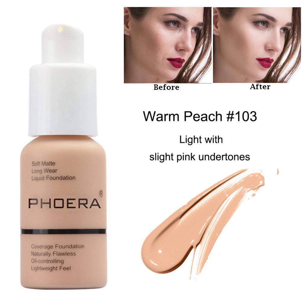  SuperThinker 2 Colors PHOERA Liquid Foundation,Matte Full Coverage Foundation Makeup with Mushroom Head Applicator, Oil Control Flawless Concealer Cover Facial Blemish Foundation Makeup for Wom