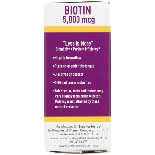  Superior Source Biotin 5000 mcg Vitamins & Minerals Unisex Sublingual Instant Dissolve Tablets for Hair, Skin, and Nails Growth - 100 Count