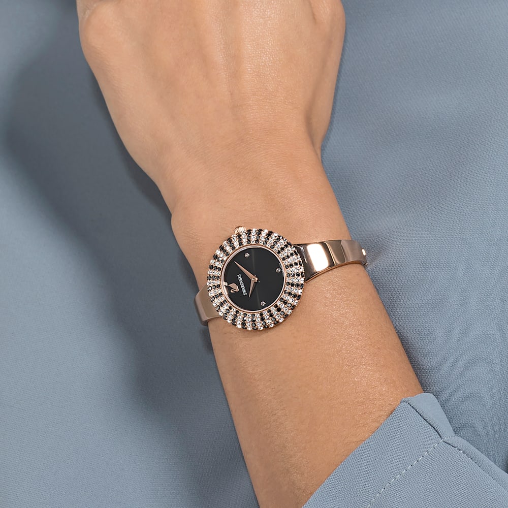 Swarovski Crystal Rose watch, Swiss Made, Metal bracelet, Black, Rose gold-tone finish