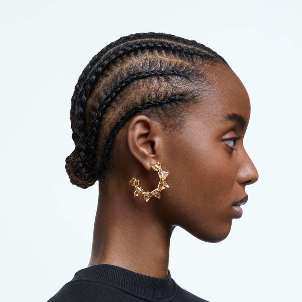 Swarovski Ortyx hoop earrings, Pyramid cut, Gold tone, Gold-tone plated