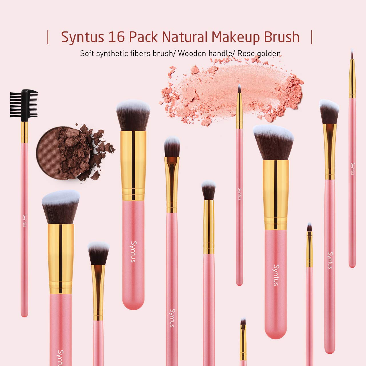  Syntus Makeup Brush Set 16 Makeup Brushes & 4 Blender Sponges & 1 Cleaning Pad Premium Synthetic Foundation Powder Kabuki Blush Concealer Eye Shadow Makeup Brush Kit, Black Golden