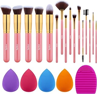 Syntus Makeup Brush Set 16 Makeup Brushes & 4 Blender Sponges & 1 Cleaning Pad Premium Synthetic Foundation Powder Kabuki Blush Concealer Eye Shadow Makeup Brush Kit, Golden Pink