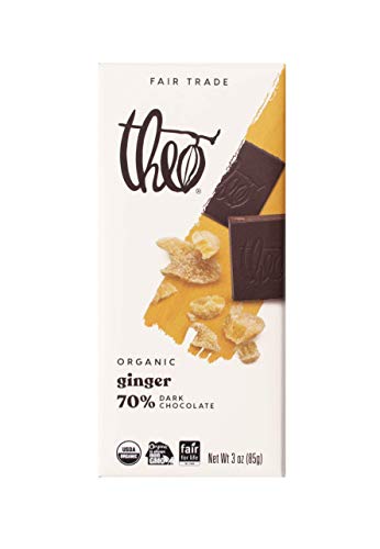 Theo Chocolate Ginger Organic Dark Chocolate Bar, 70% Cacao, 6 Pack | Vegan Chocolate, Fair Trade