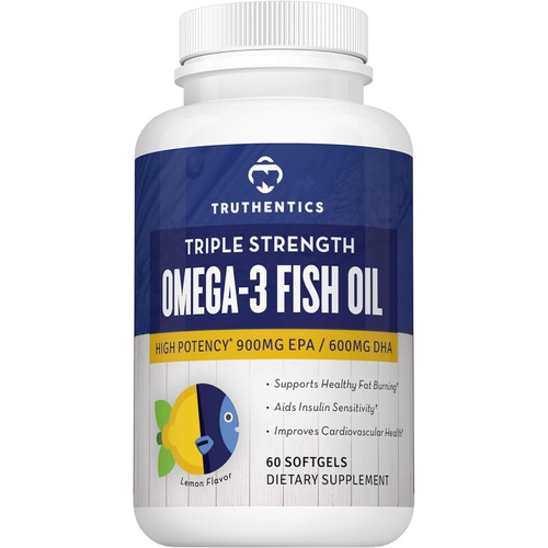  TRUTHENTICS Omega 3 Fish Oil Supplement - Triple Strength 2400 mg High EPA & DHA Omega-3 Fatty Acids - Burpless Non-GMO Lemon Flavor - 60 Softgels