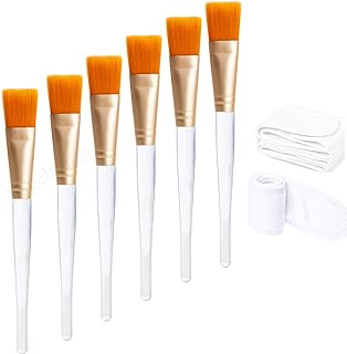 Tegelrying Facial Brush,6 Pcs Soft Fiber Face Brushes Mud Applicator Clear Handle With 2 Pieces White Spa Headband for Face Wash Applying Lotion,Eye Peel Makeup Tools,Gold