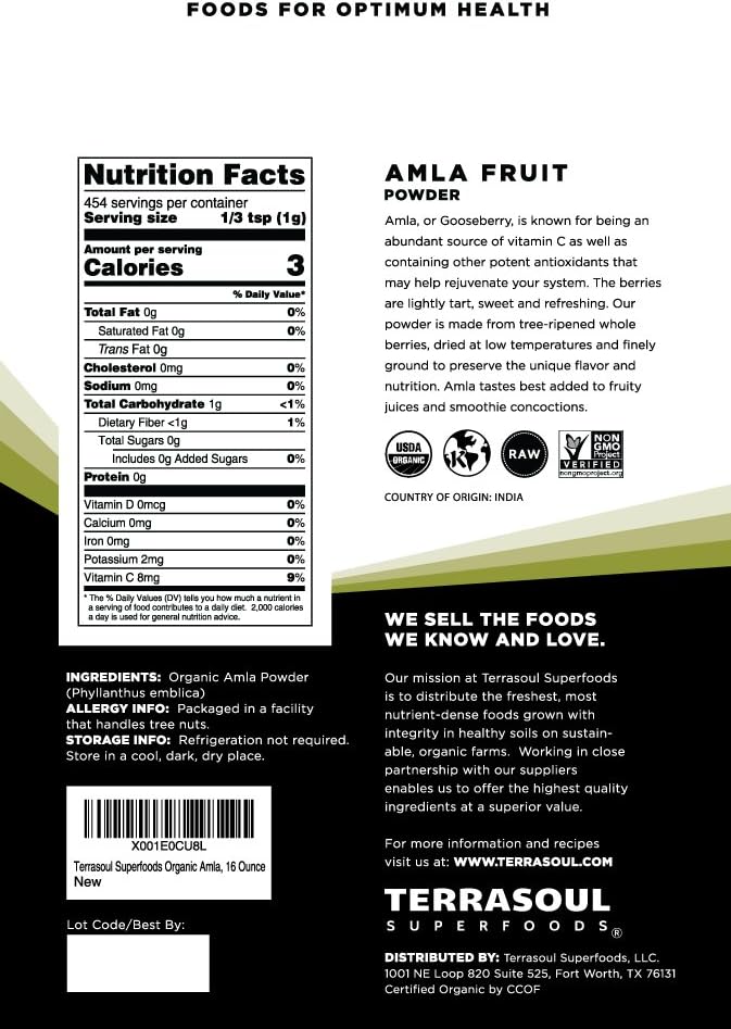  Terrasoul Superfoods Organic Amla Berry Powder (Amalaki), 16 Oz - Rich in Antioxidant Vitamin C Supports Immunity