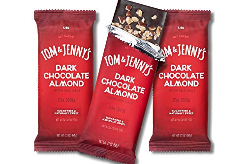 Tom & Jennys Sugar Free Sea Salt and Almond Chocolate Bar (65%) - Low Net Carb (1.4g) Keto Candy Bar - Made with Unsweetened Cacao & Natural Almonds - (Dark Chocolate Almond, 3-pac
