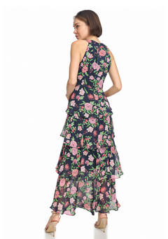 타미힐피거 Womens Sleeveless Halter Floral Tiered Maxi Dress