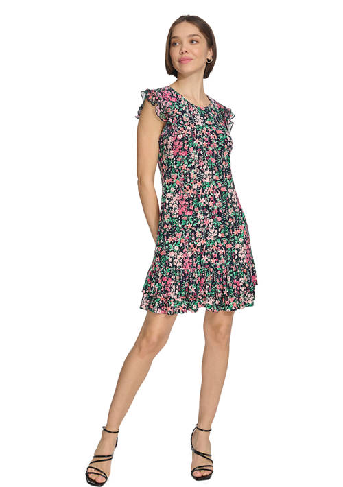 Womens Floral Shift Dress with Flutter Sleeves and Hem